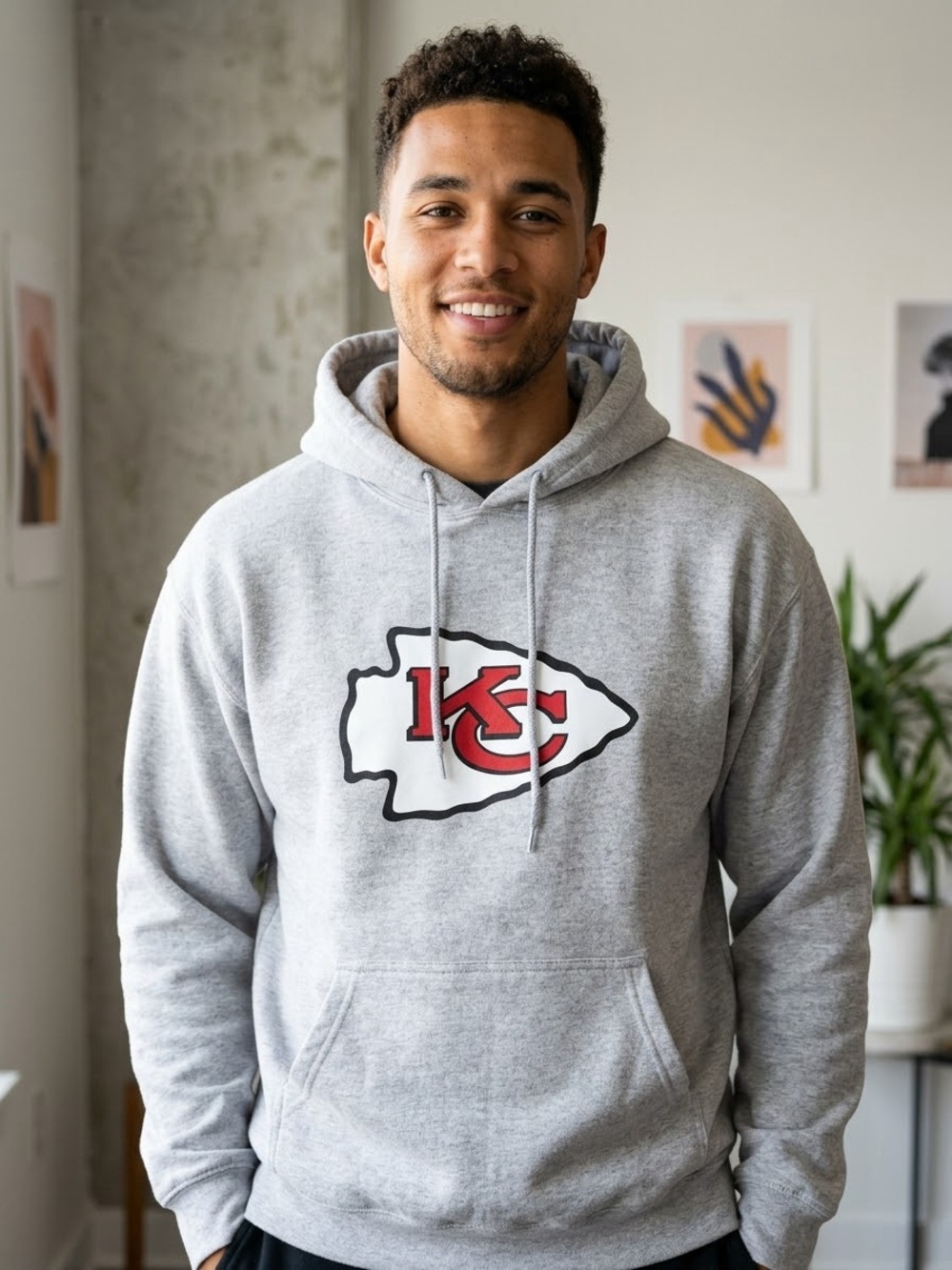 Reebok Gray Hoodie with Red & White KC Arrowhead Logo, Chiefs, Size Large